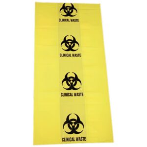 Yellow 50L clinical waste bag printed with biohazard symbols