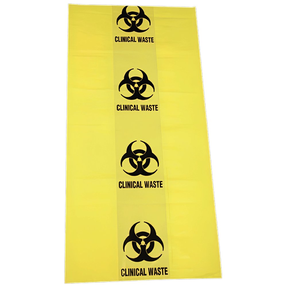 Yellow 50L clinical waste bag printed with biohazard symbols