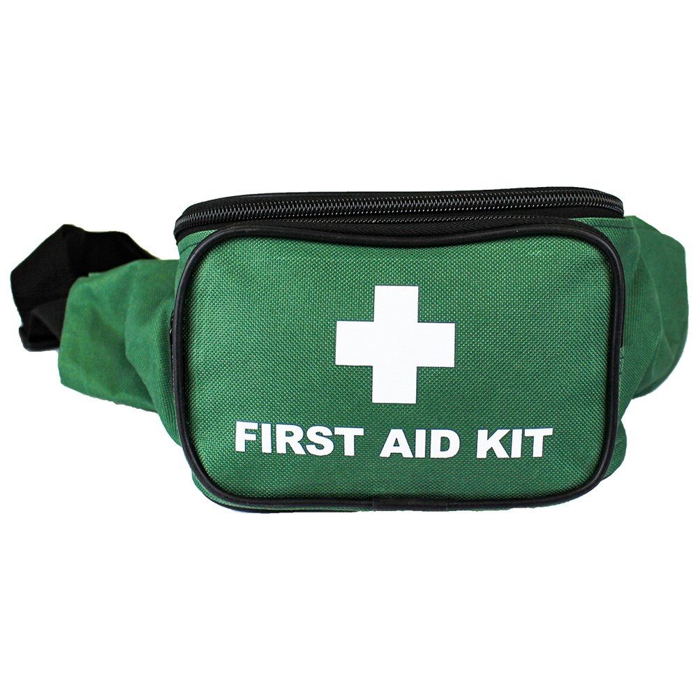 Green first aid bum bag with white cross and adjustable waist strap
