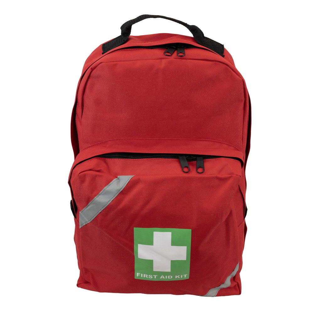 Red empty first aid backpack with white cross patch, front view