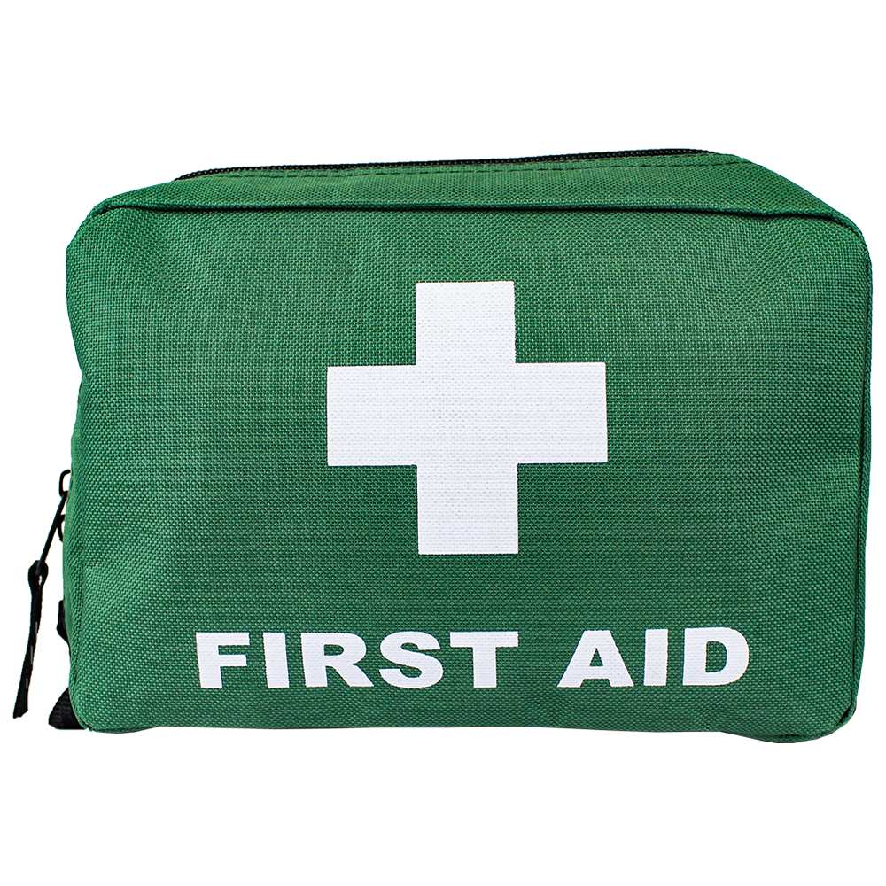 Small green first aid bag with white cross and FIRST AID print