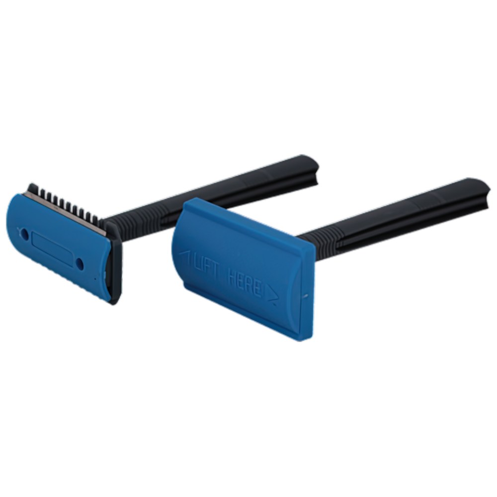 Two disposable surgical prep razors with blue blade covers and black ridged handles