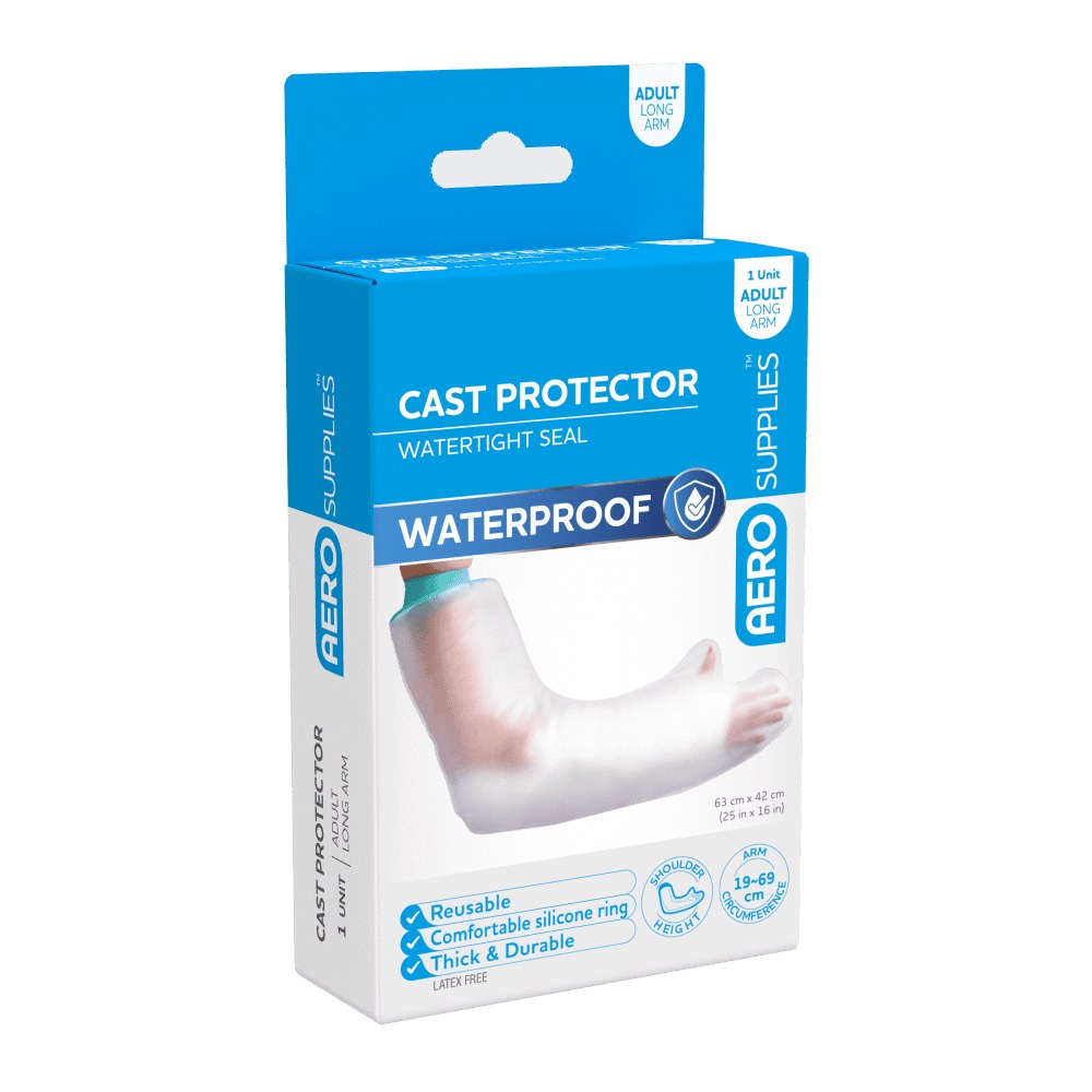 AeroSupplies waterproof cast protector for an adult long arm, in its retail box