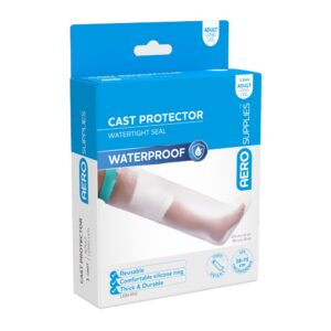 AeroSupplies waterproof cast protector for an adult long leg, in its retail box
