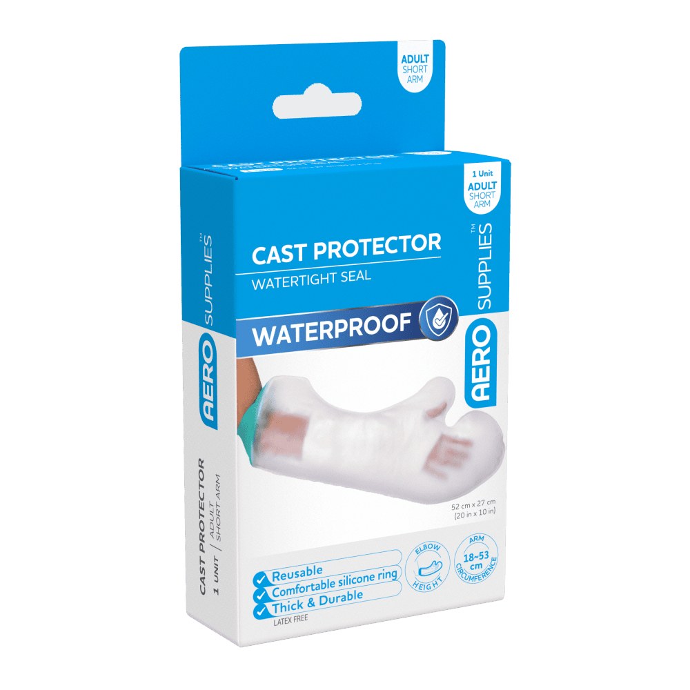 AeroSupplies waterproof cast protector for an adult short arm, in its retail box