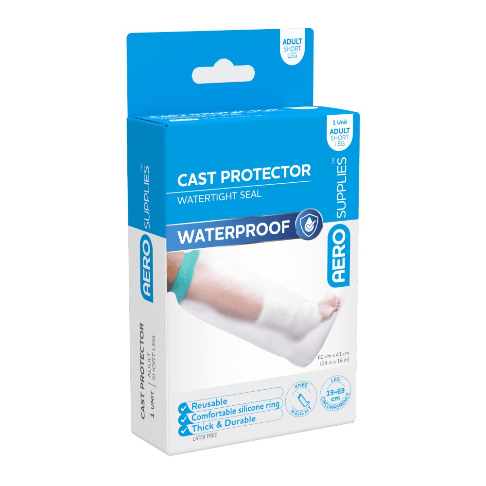 AeroSupplies waterproof cast protector for an adult short leg, in its retail box