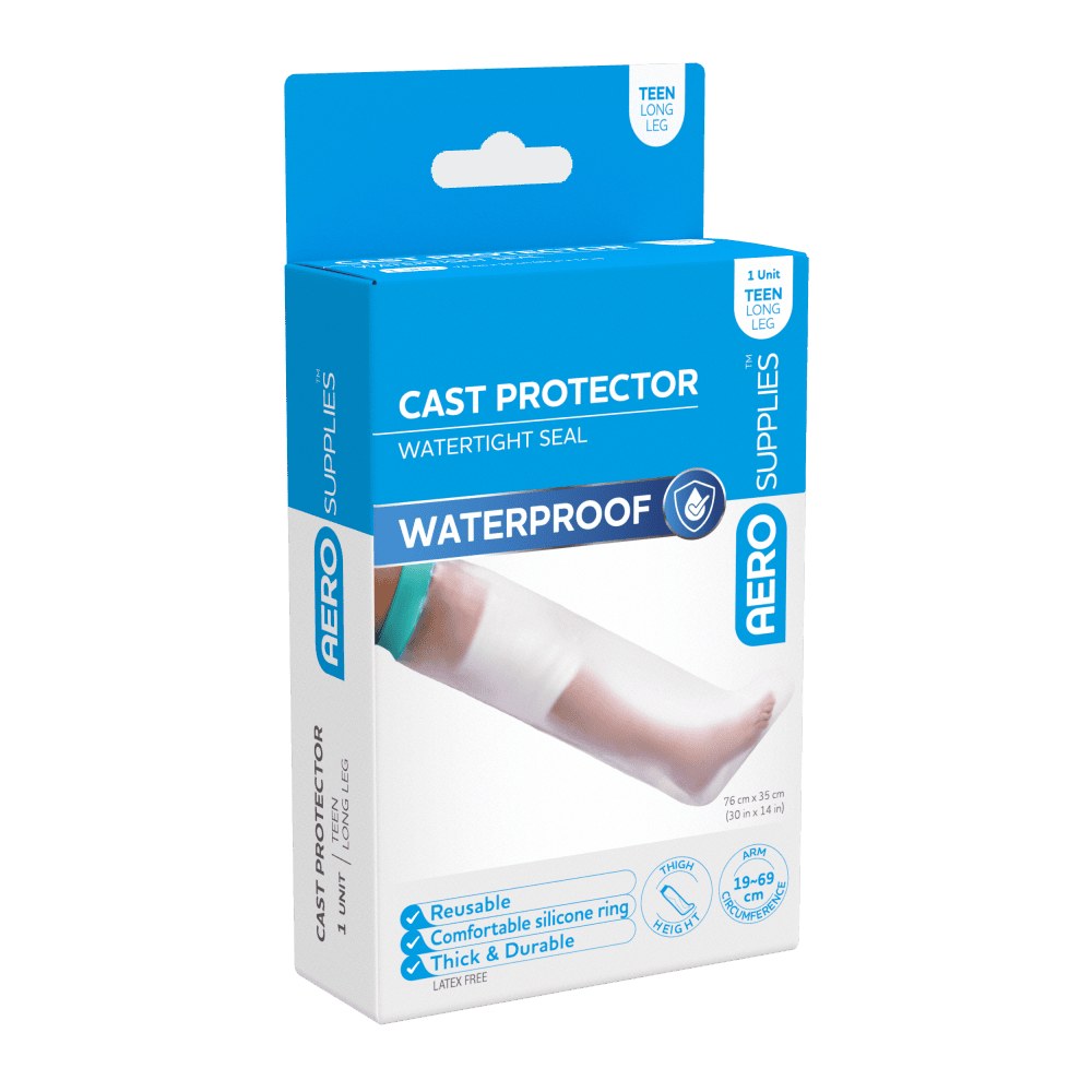 AeroSupplies waterproof cast protector for a teenage long leg, in its retail box