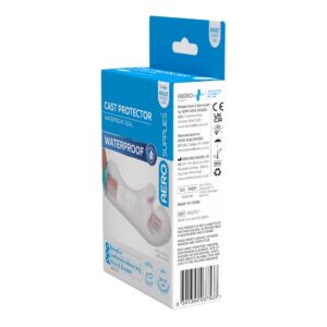 Side of the AeroSupplies cast protector box with the manufacturer details, warnings and barcode