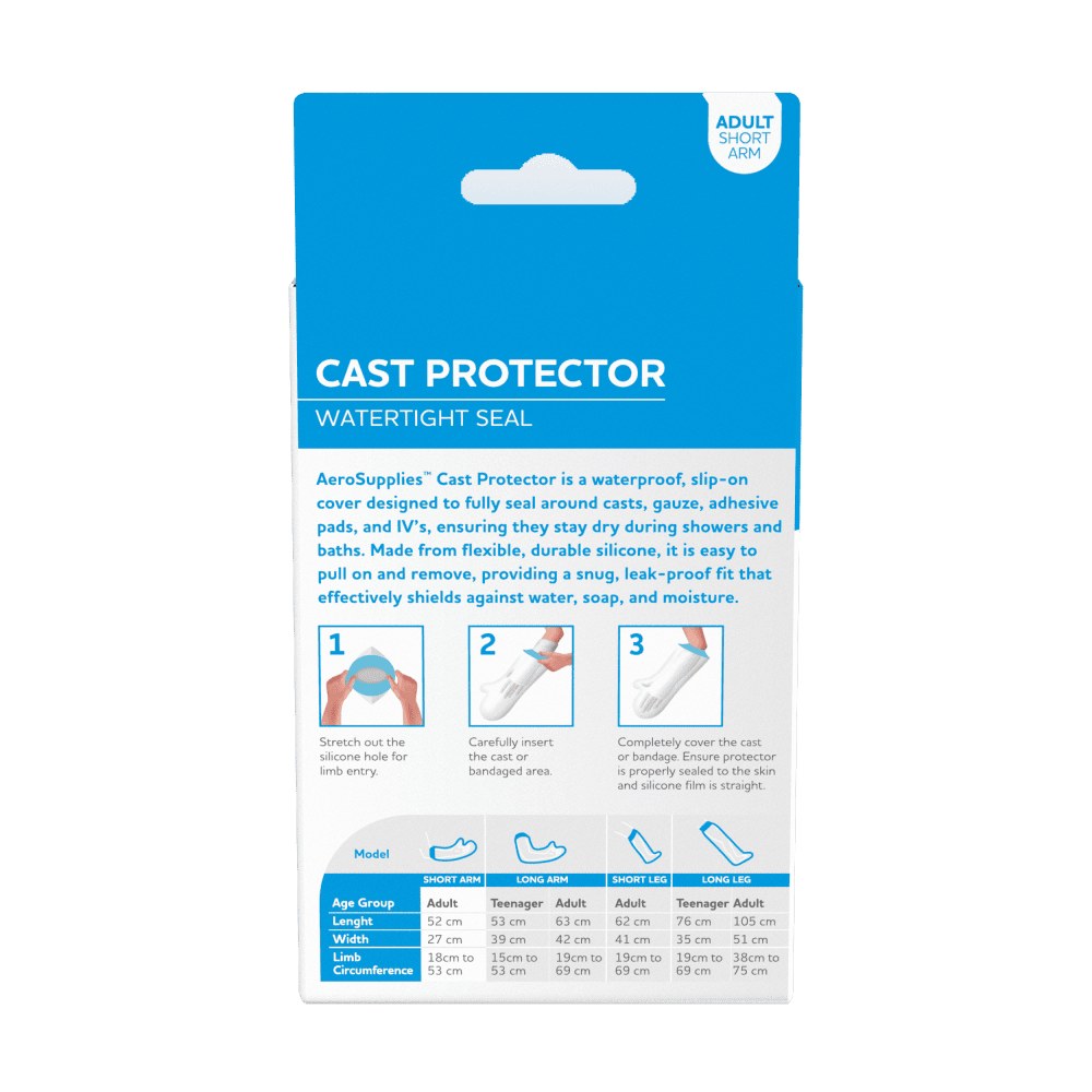 Back of the AeroSupplies cast protector box showing the three fitting steps and the size chart