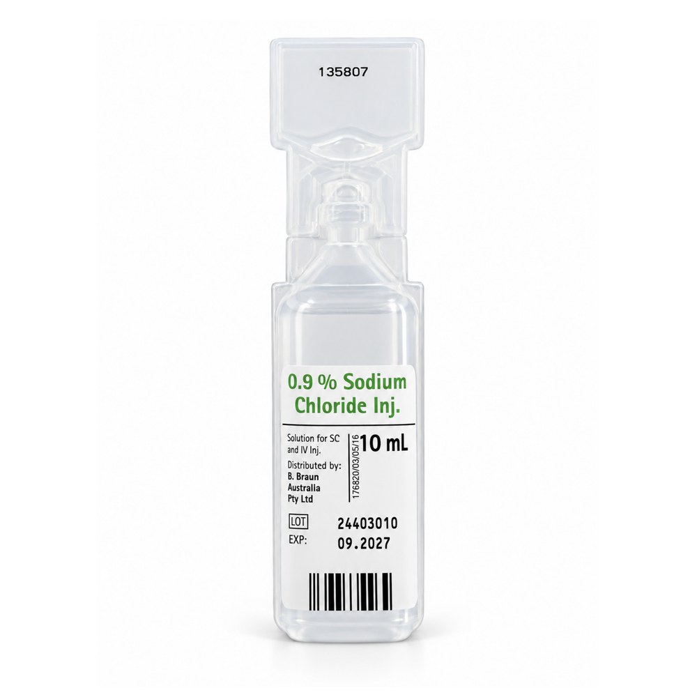 Single 10ml B. Braun 0.9% Sodium Chloride Injection Mini-Plasco connect plastic ampoule