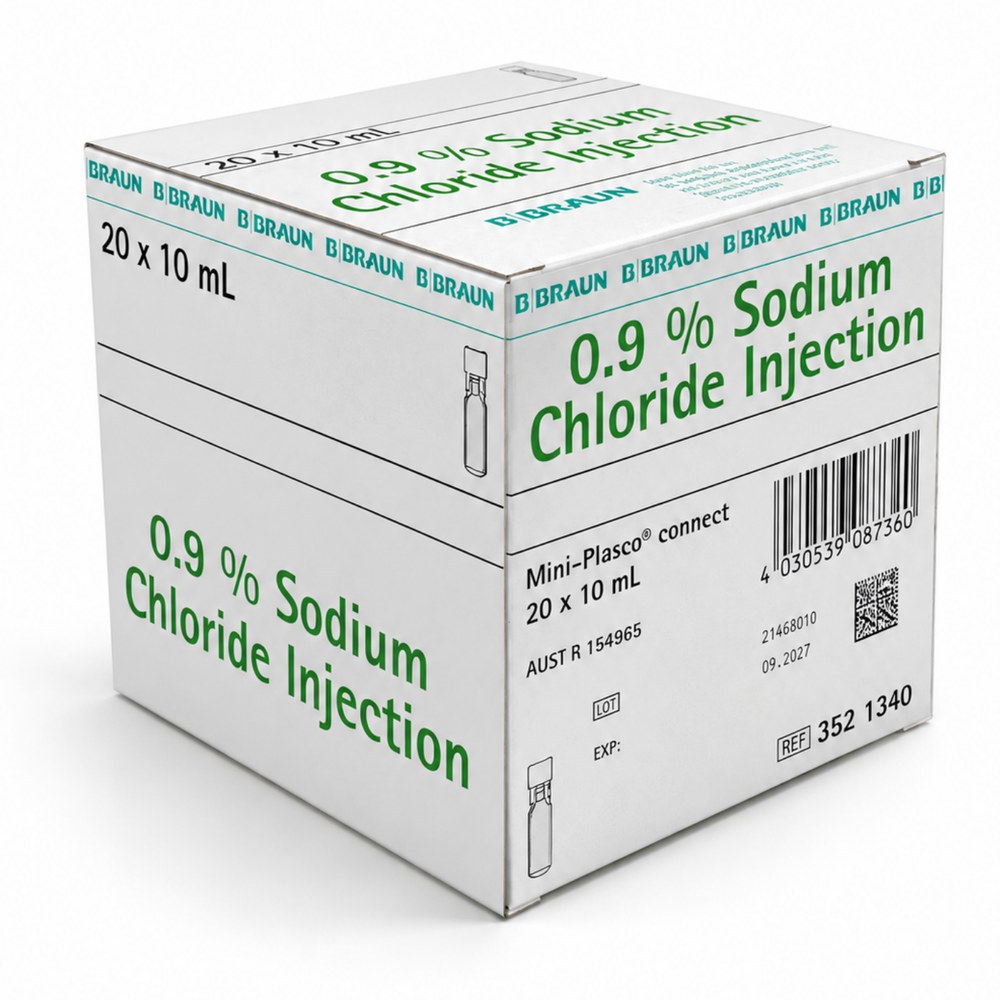 Box of 20 B. Braun 0.9% Sodium Chloride Injection 10ml Mini-Plasco connect ampoules