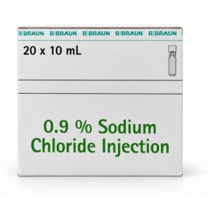 Front of the B. Braun 0.9% Sodium Chloride Injection box, 20 x 10mL