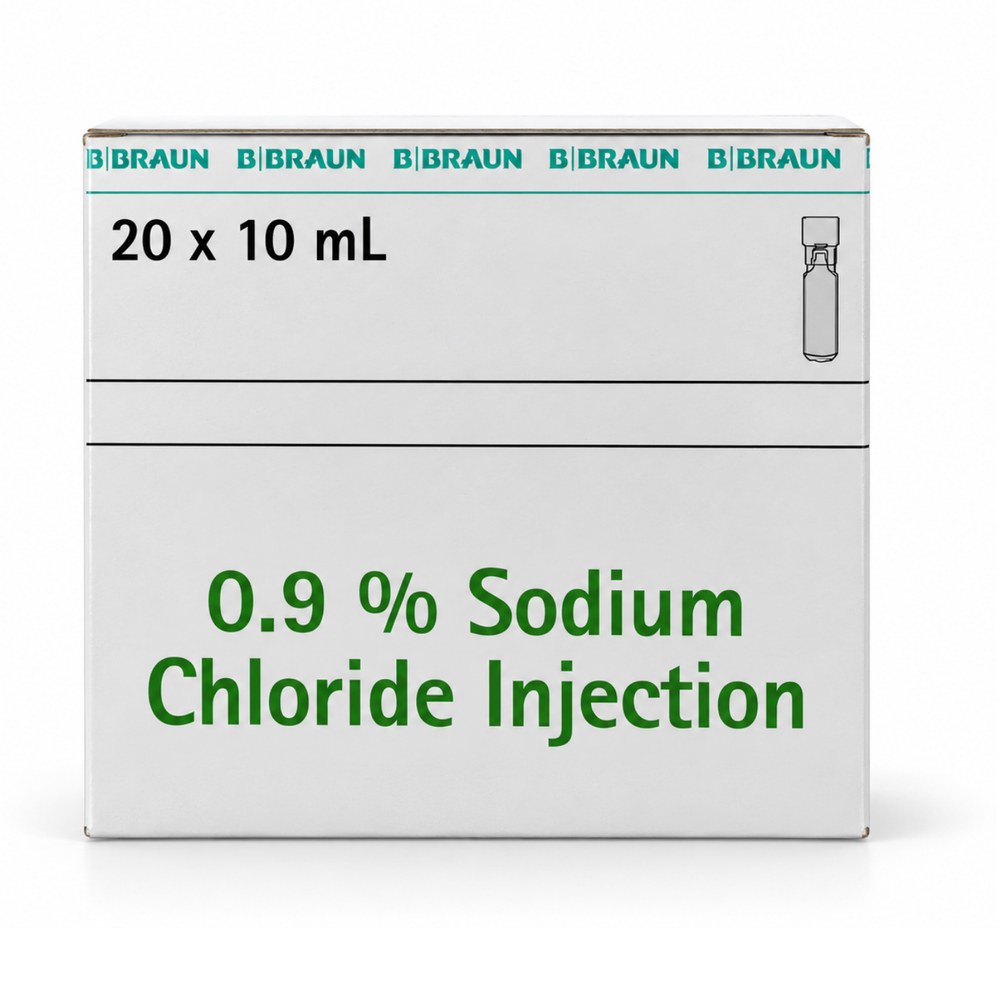 Front of the B. Braun 0.9% Sodium Chloride Injection box, 20 x 10mL