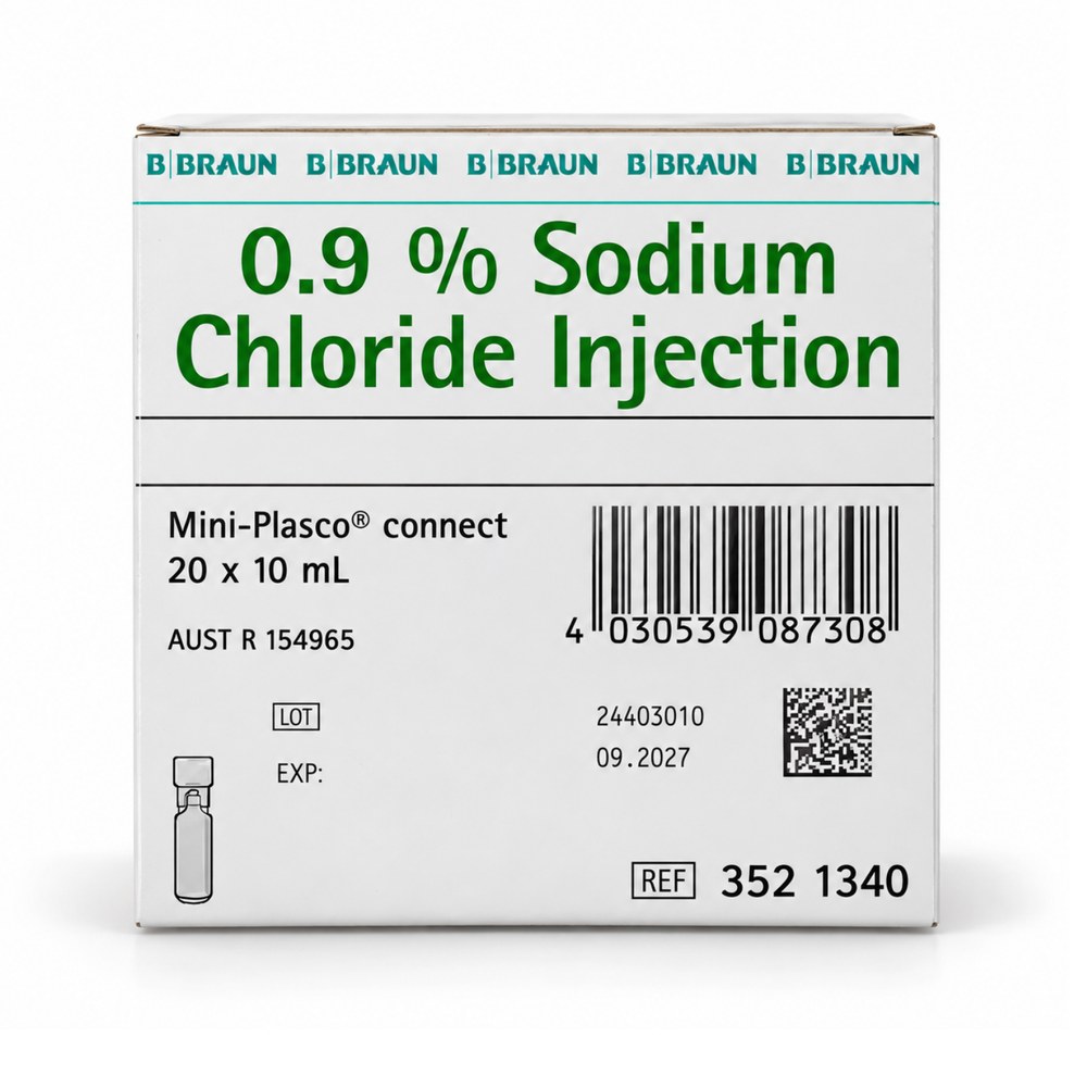 B. Braun 0.9% Sodium Chloride Injection box label showing Mini-Plasco connect 20 x 10mL, AUST R 154965, barcode and expiry 09.2027