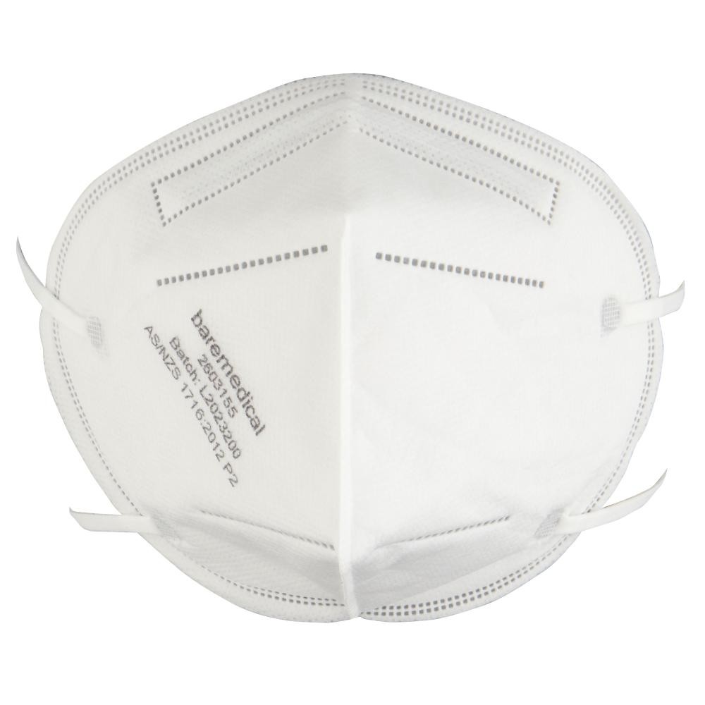 Bare Medical N95 P2 mask, white vertical flat fold respirator with two headstraps, marked AS/NZS 1716:2012 P2