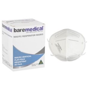 Bare Medical N95 P2 respirator mask next to its box of 25, Australian Made logo on the box