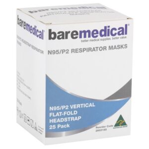 Box of 25 Bare Medical N95 P2 vertical flat-fold headstrap respirator masks with Australian Made logo