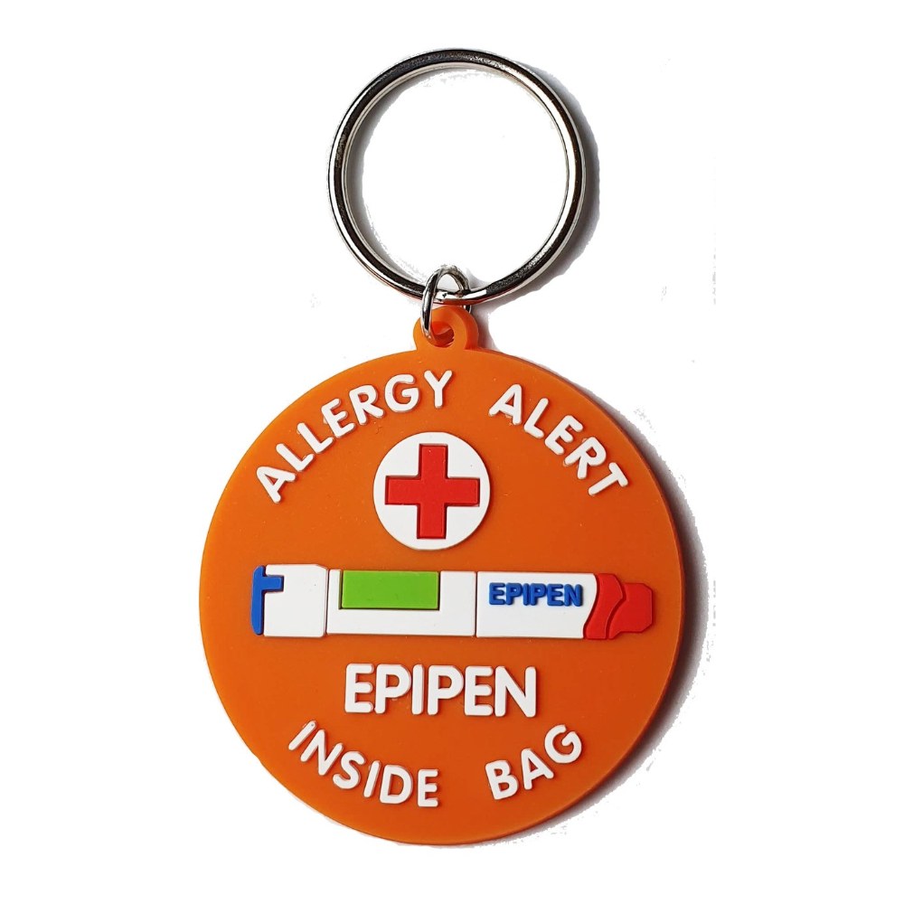 Orange round allergy alert keyring tag with red cross, EpiPen graphic and the words EpiPen Inside Bag