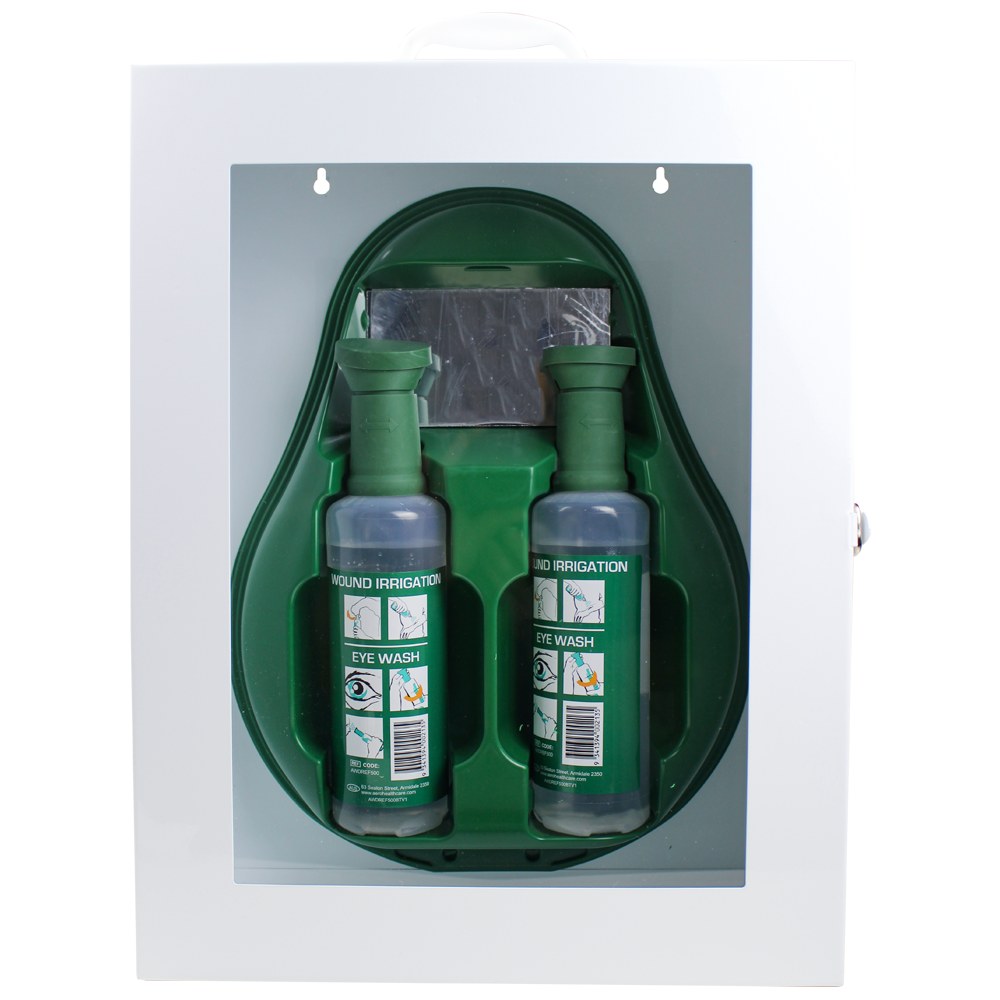 Eyewash cabinet: white metal case with clear perspex front holding a Drop eyewash station, mirror and two 500ml bottles