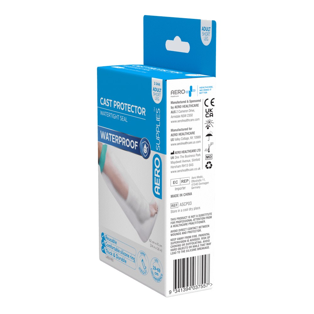 Side of the AeroSupplies cast protector box with the manufacturer details, warnings and barcode