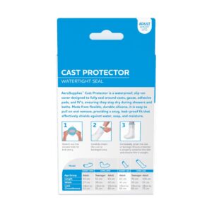 Back of the AeroSupplies cast protector box showing the three fitting steps and the size chart