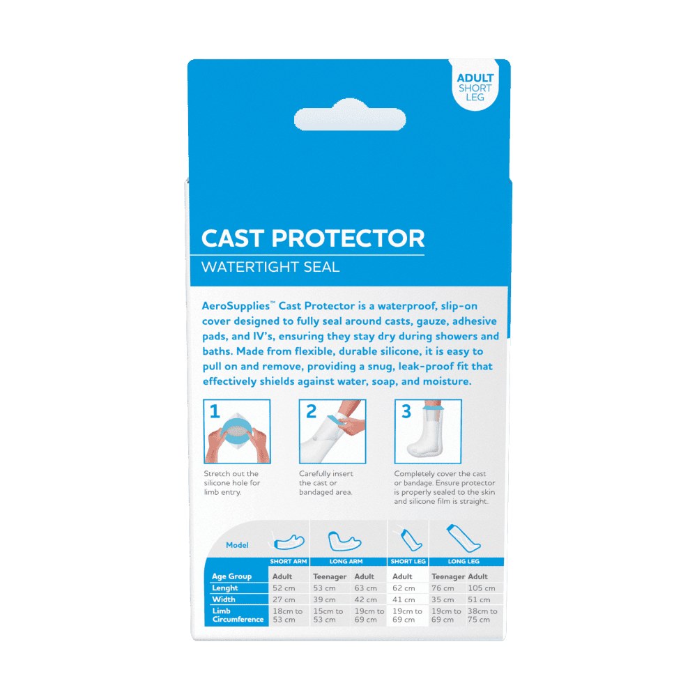Back of the AeroSupplies cast protector box showing the three fitting steps and the size chart