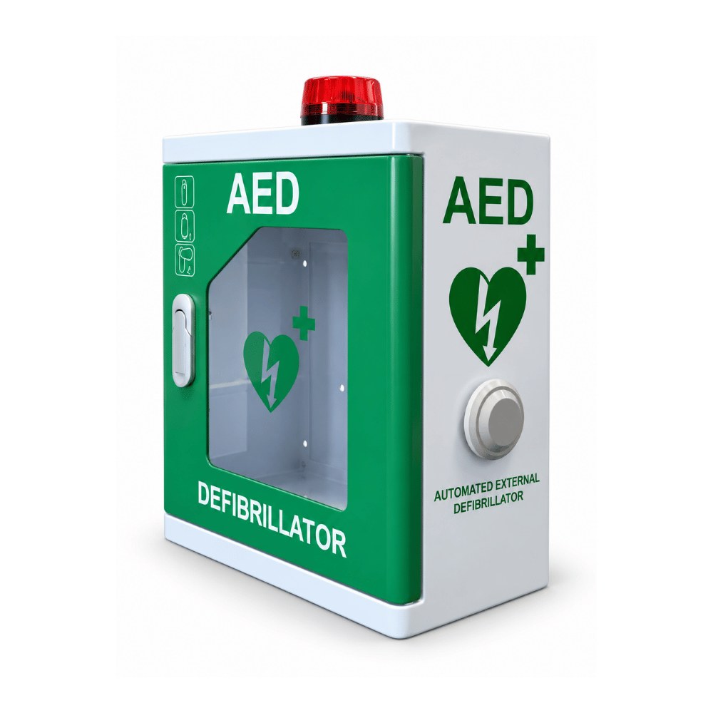 Outdoor alarmed defibrillator cabinet, angled left view with AED signage and round side button
