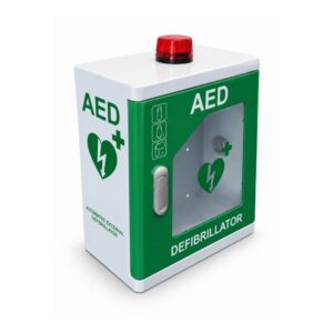 Green and white outdoor AED cabinet with red strobe light, angled view showing the AED heart logo on the side