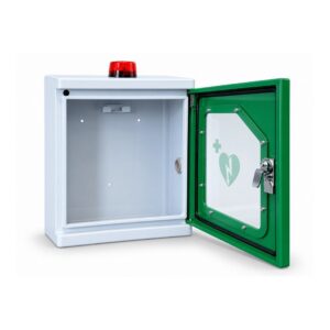 Mindray outdoor AED cabinet with door open showing the interior holder bracket, door seal and latch