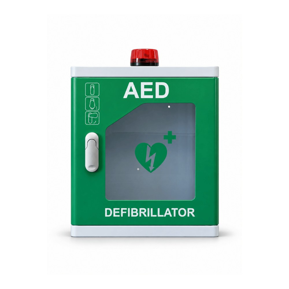 Mindray outdoor alarmed AED cabinet, green door with AED window, front view with red strobe light on top