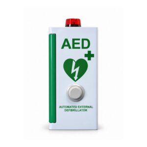 Side panel of outdoor AED cabinet with AED heart logo, round button and red strobe light