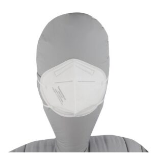 N95 P2 respirator mask worn on a mannequin head, showing the headstraps and seal over the nose and chin
