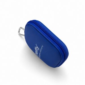 Blue neffy carry case closed, angled view showing zip and carabiner