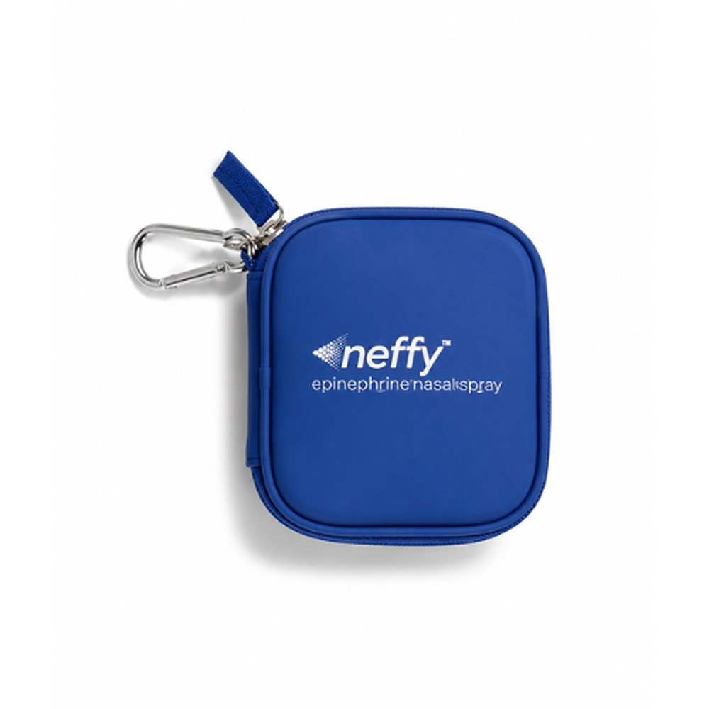 Blue neffy carry case closed, front view with neffy logo and carabiner clip