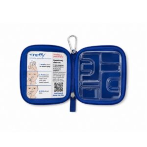 neffy carry case open showing printed how-to-use steps behind a clear window and an empty moulded insert for two devices