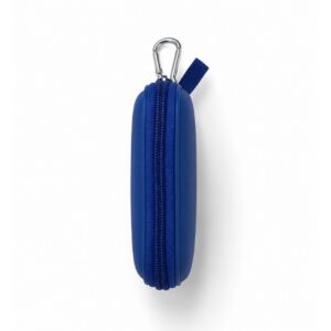Side profile of the blue neffy carry case showing zip, fabric tab and carabiner clip