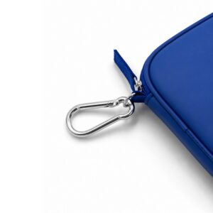 Close-up of the silver carabiner clip attached to the blue neffy carry case