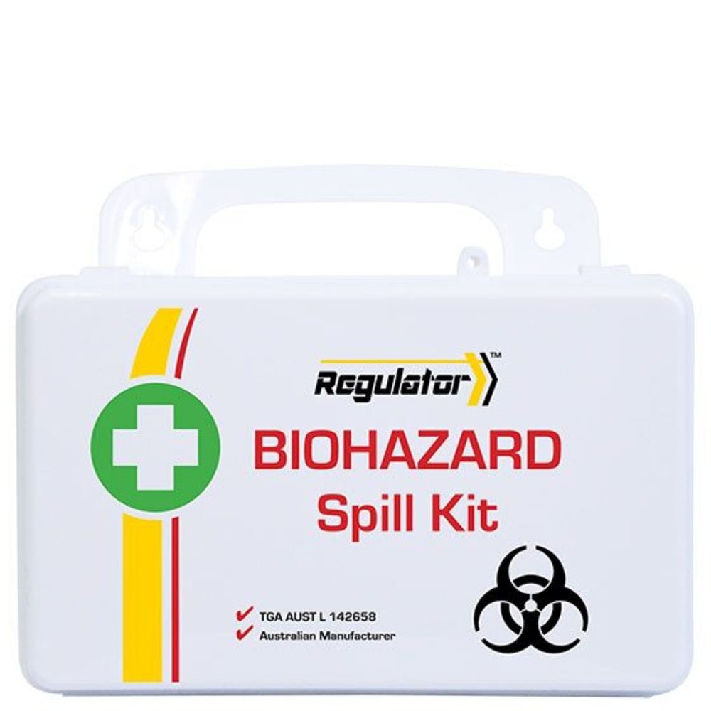 Regulator biohazard spill kit in a white rigid plastic case