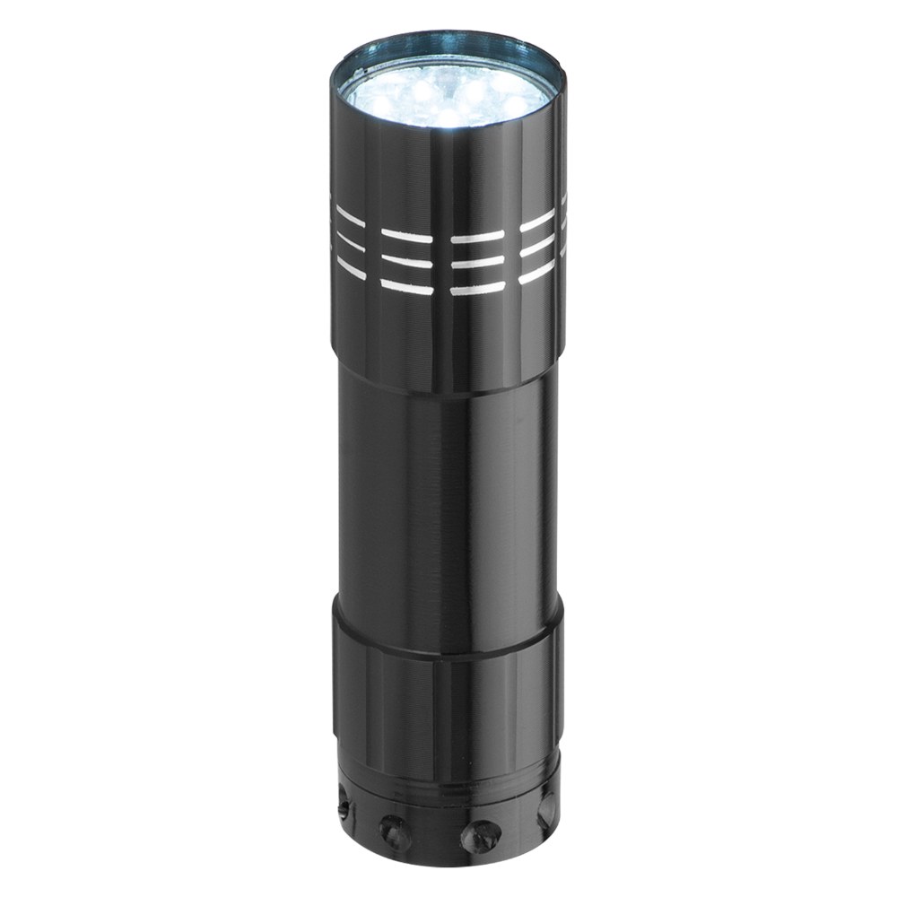 Small black aluminium LED pocket torch with 9 LEDs, 30 lumens
