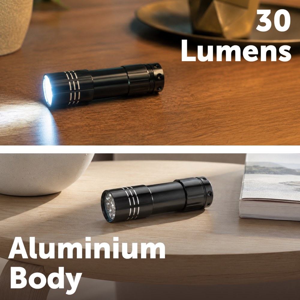 Aluminium LED pocket torch lit on a table, 30 lumens