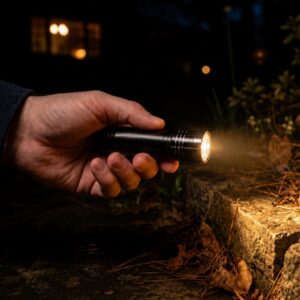 Hand holding a small LED pocket torch outdoors at night