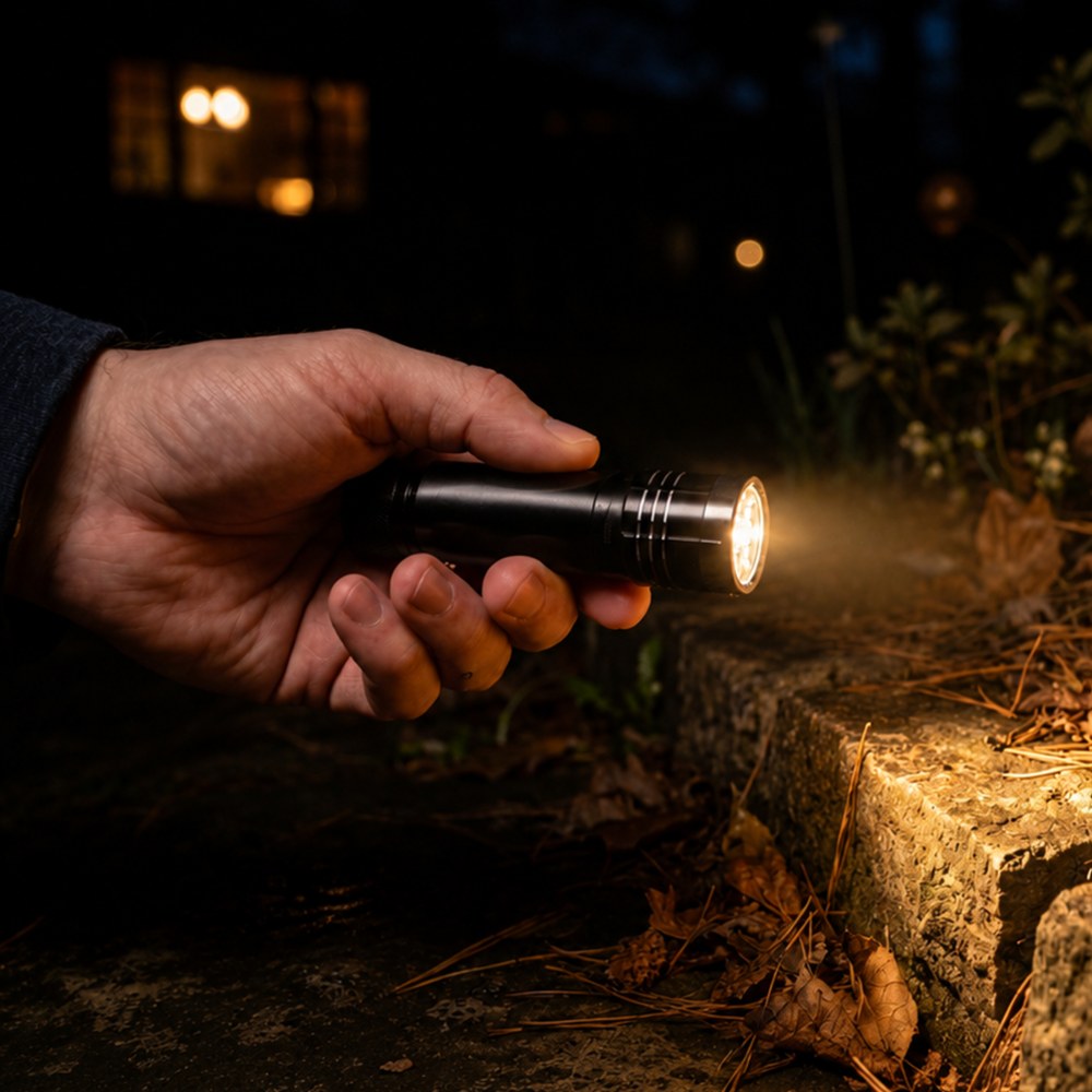 Hand holding a small LED pocket torch outdoors at night