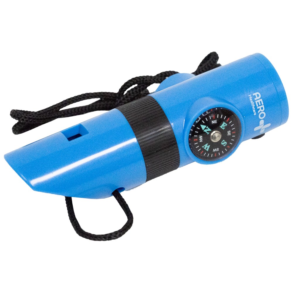 Blue 5-in-1 survival whistle with LED torch, compass, signal mirror and magnifying glass on a lanyard